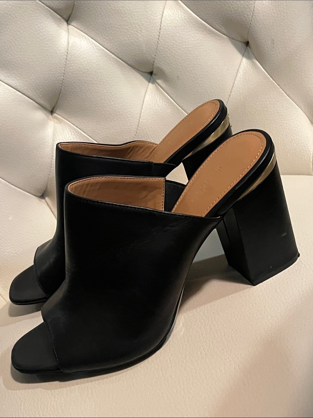 Calvin Klein Black Leather Open-Peep Block Heel Mules - Picture 7 of 14